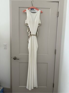 Jovani Cream Maxi Dress with Gold Trim